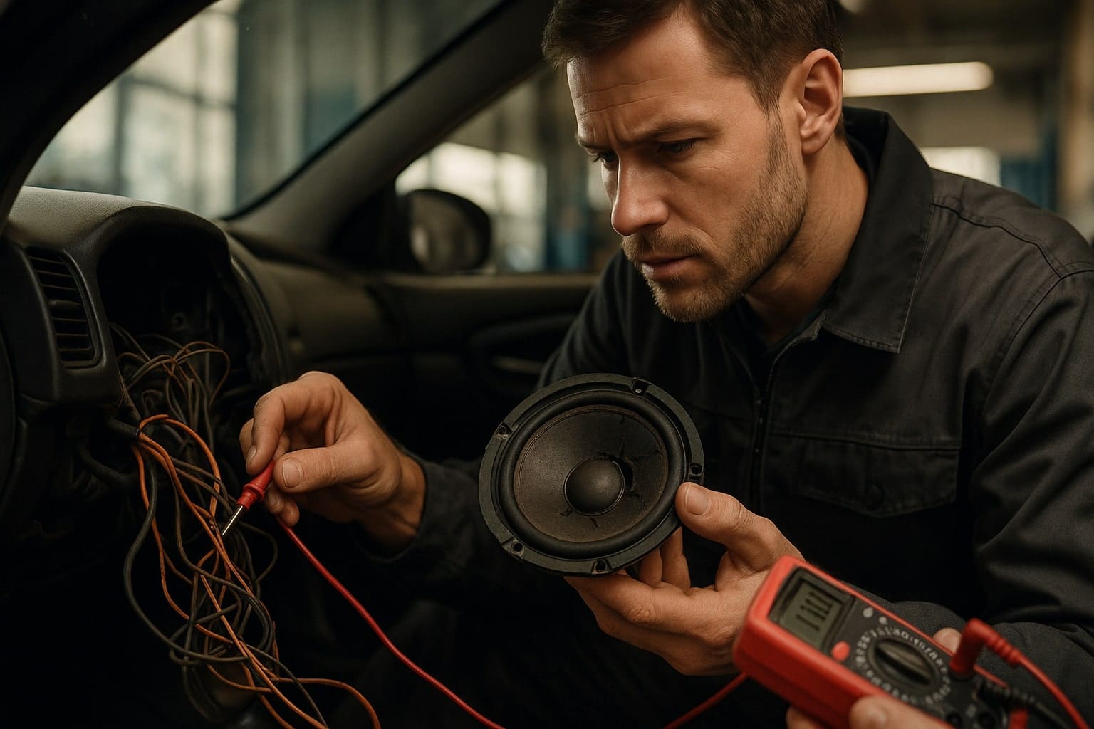 Teknisi car audio inspecting kerusakan pada kabel di bawah dashboard mobil