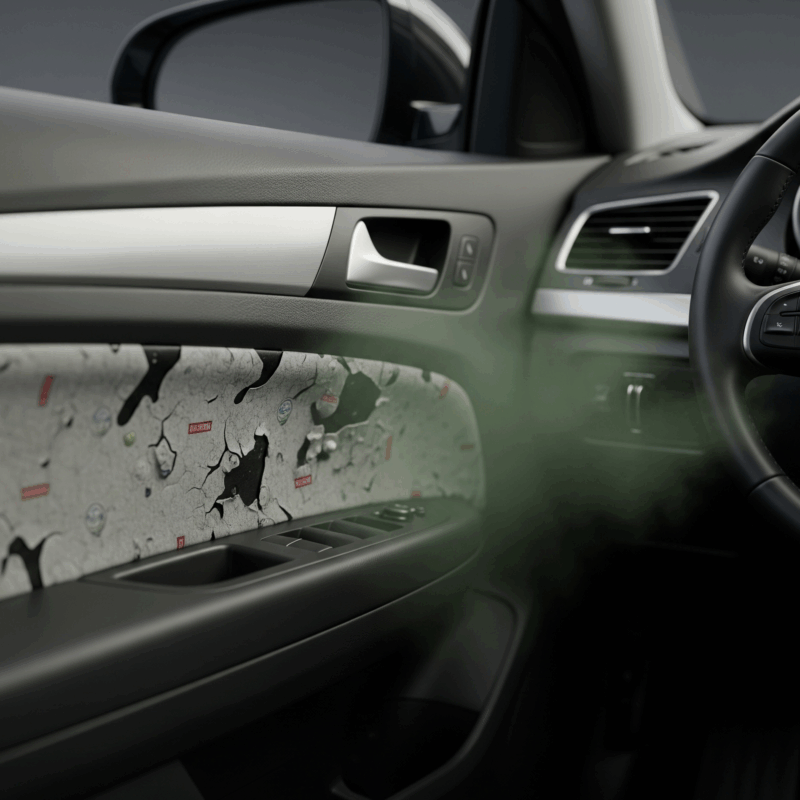Ilustrasi 3D interior mobil dengan peredam aspal berbahaya yang terlihat di panel pintu, menunjukkan tanda-tanda kerusakan, gelembung, atau bau tidak sedap yang kuat.