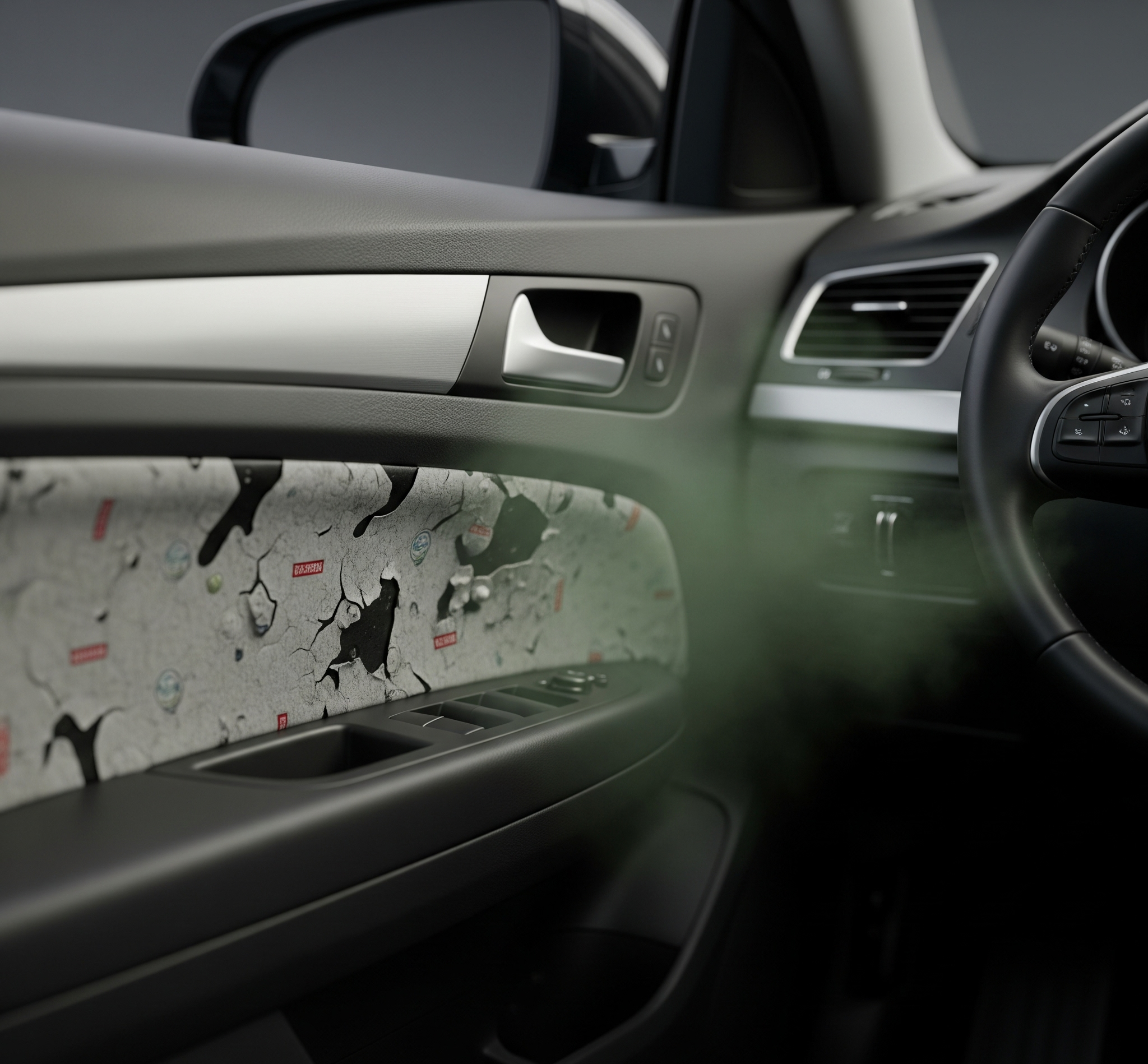 Ilustrasi 3D interior mobil dengan peredam aspal berbahaya yang terlihat di panel pintu, menunjukkan tanda-tanda kerusakan, gelembung, atau bau tidak sedap yang kuat.