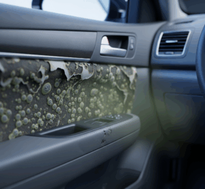 Ilustrasi 3D interior mobil yang berfokus pada panel pintu pengemudi, di mana peredam aspal berbahaya menunjukkan tanda-tanda keausan, gelembung, atau bau tidak sedap yang kuat.