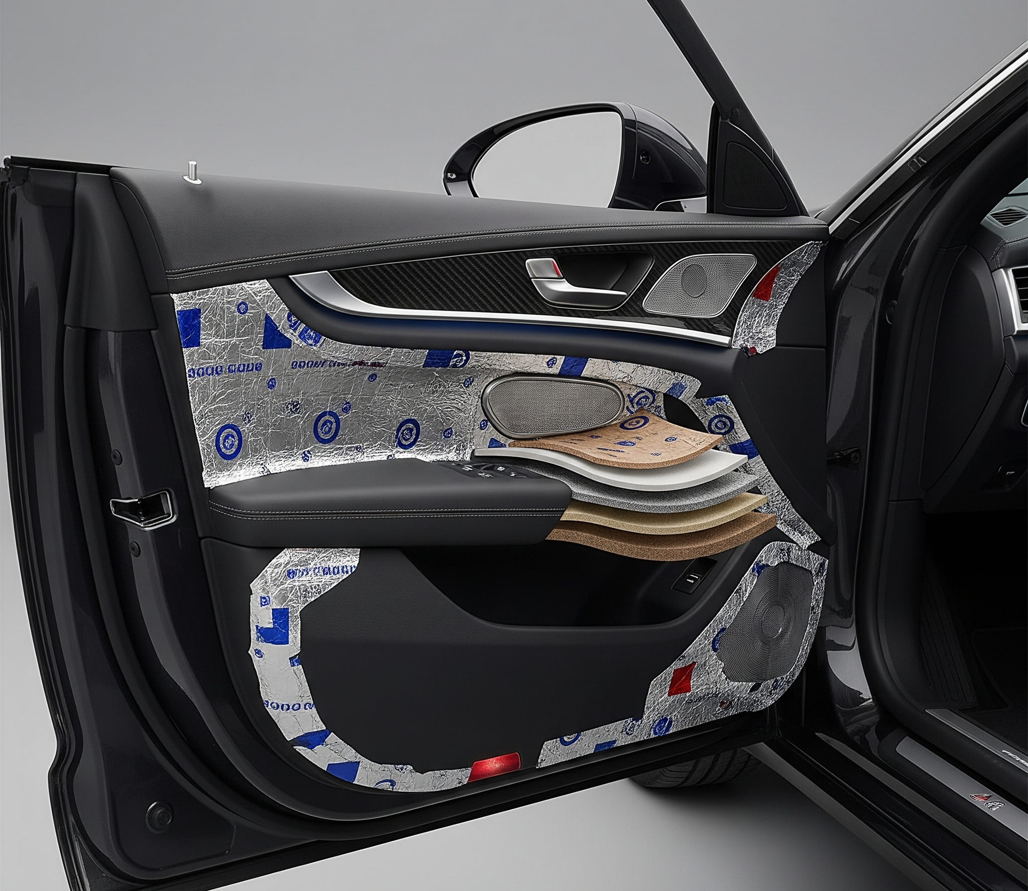 Detail interior mobil yang mewah dan hening, menunjukkan jenis peredam mobil terbaik yang berlapis-lapis pada panel pintu, dengan tekstur karet, foil, dan serat yang menonjol. Gambar ini realistis, sangat detail, dan menggunakan pencahayaan studio untuk menonjolkan kesan tenang dan nyaman.