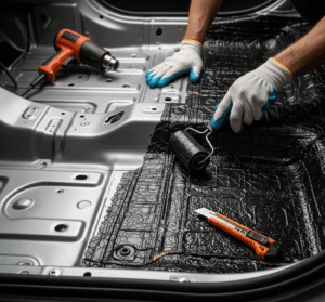 Detail aplikasi peredam suara pada panel mobil, menyoroti teknik pemasangan peredam mobil yang presisi.
