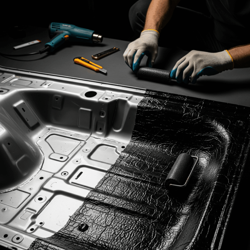 Close-up panel mobil dengan sebagian peredam terpasang, menunjukkan teknik pemasangan peredam mobil.