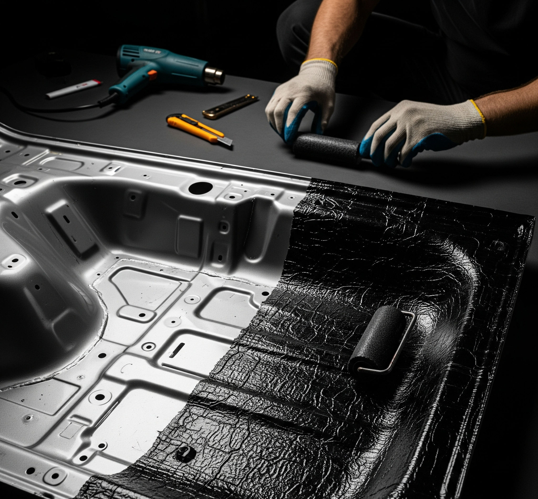 Close-up panel mobil dengan sebagian peredam terpasang, menunjukkan teknik pemasangan peredam mobil.
