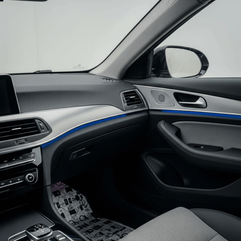 Interior mobil yang tenang dengan peredam body mobil yang terpasang.