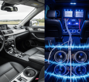 Gambar terpisah yang menampilkan interior mobil dengan sistem audio mobil harian yang elegan dan tersembunyi di satu sisi, berlawanan dengan interior mobil yang dimodifikasi ekstrem untuk kontes SPL dengan banyak subwoofer dan kabel terbuka di sisi lainnya.