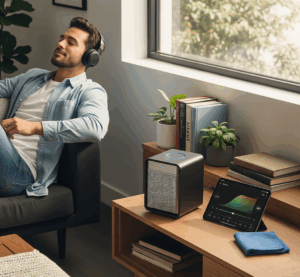 Seorang pria mendengarkan musik dengan headphone di ruang tamu yang rapi, dengan speaker Bluetooth yang ditempatkan secara strategis dan tampilan EQ pada tablet, menunjukkan upaya mengoptimalkan speaker bluetooth.