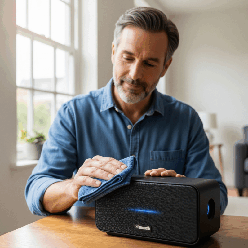 Seorang pria sedang merawat speaker bluetooth dengan membersihkannya menggunakan kain mikrofiber di lingkungan rumah yang bersih.