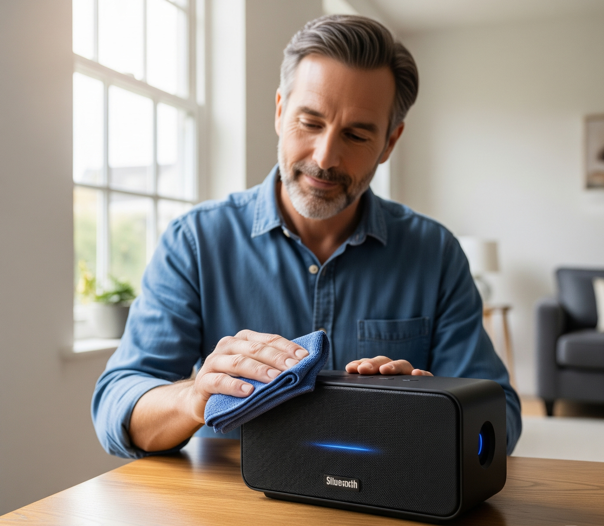 Seorang pria sedang merawat speaker bluetooth dengan membersihkannya menggunakan kain mikrofiber di lingkungan rumah yang bersih.