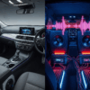 Perbandingan visual antara interior mobil dengan sistem audio mobil harian yang terintegrasi rapi di sisi kiri, dan interior mobil kontes SPL dengan subwoofer besar dan amplifier mencolok di sisi kanan, menunjukkan perbedaan fokus dan desain.