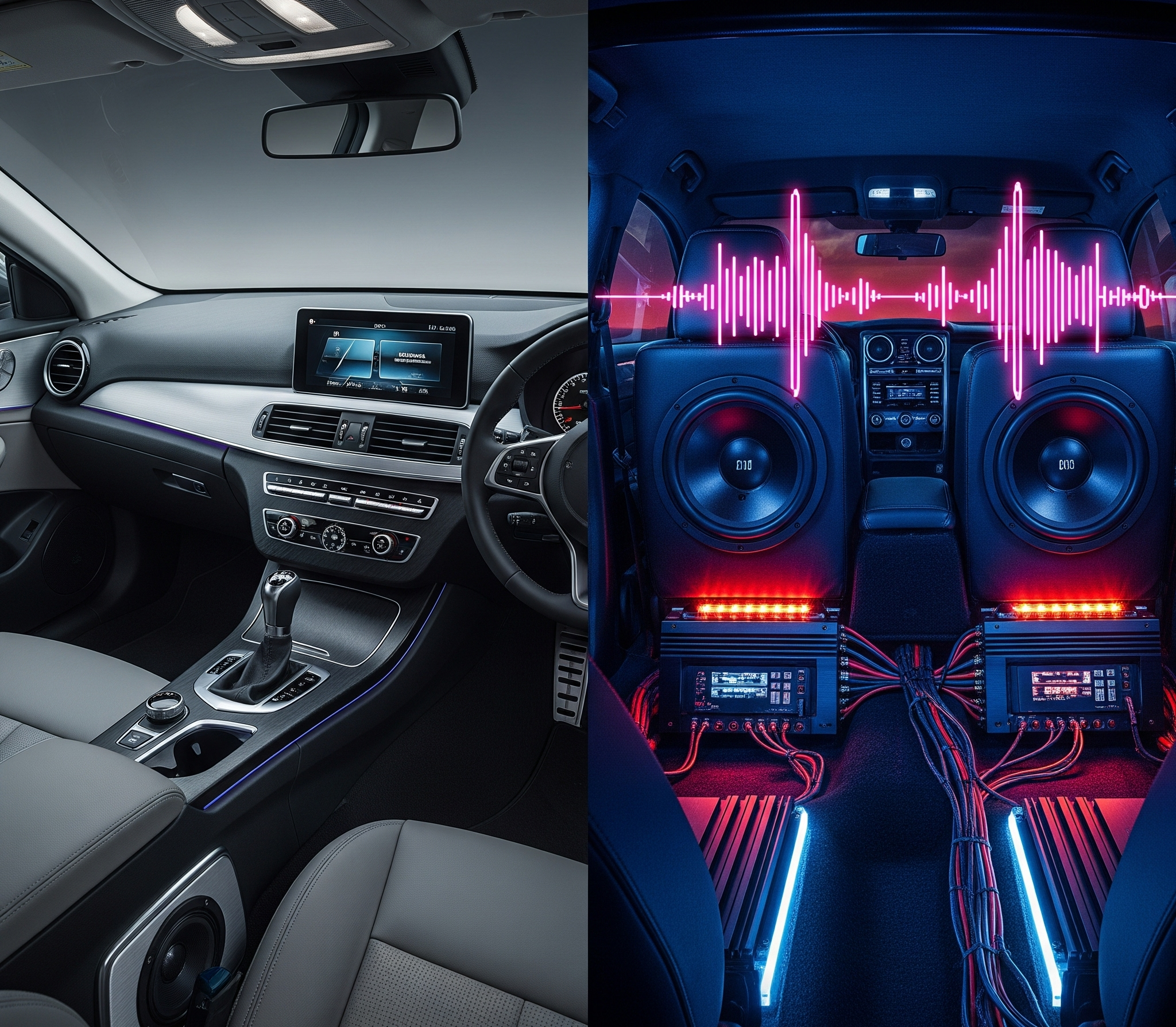 Perbandingan visual antara interior mobil dengan sistem audio mobil harian yang terintegrasi rapi di sisi kiri, dan interior mobil kontes SPL dengan subwoofer besar dan amplifier mencolok di sisi kanan, menunjukkan perbedaan fokus dan desain.