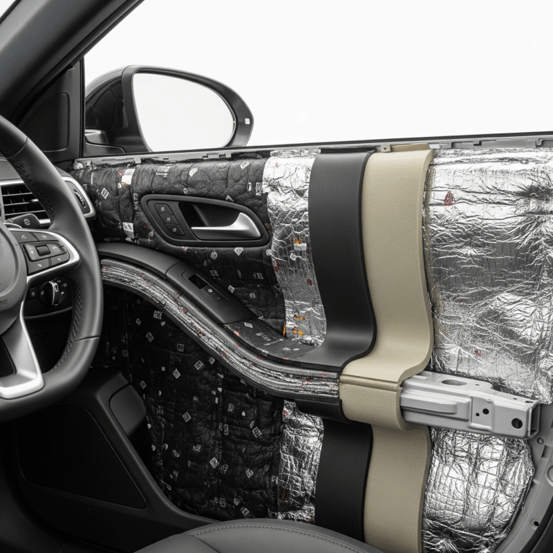 Interior mobil modern dengan panel pintu yang terbuka sebagian, memperlihatkan peredam mobil akustik berwarna gelap dan insulasi termal perak.