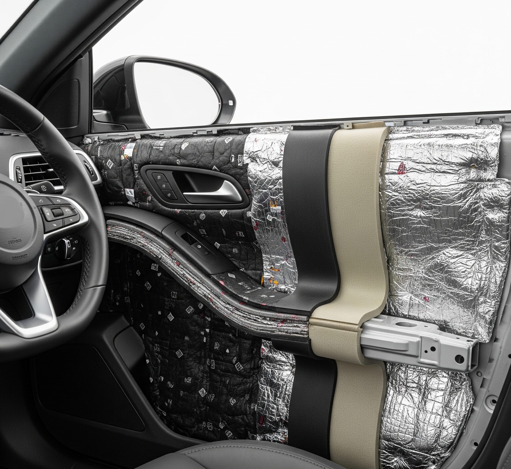 Interior mobil modern dengan panel pintu yang terbuka sebagian, memperlihatkan peredam mobil akustik berwarna gelap dan insulasi termal perak.