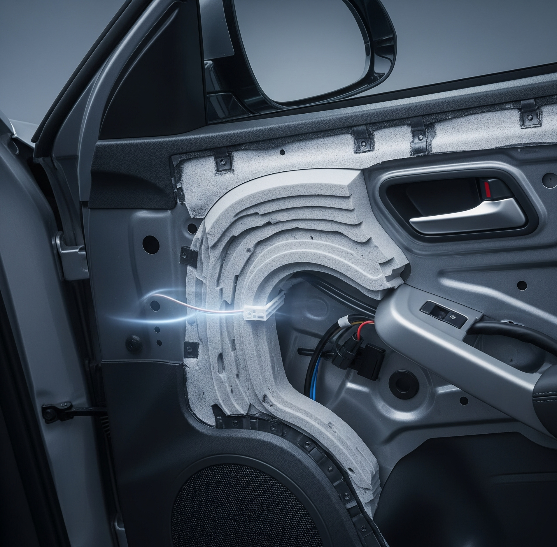 Sebuah bidikan detail dari sudut pandang tinggi di dalam kabin mobil, berfokus pada peredam busa mobil yang sedang dipasang di panel pintu mobil. Terlihat jelas lapisan-lapisan busa, beberapa kabel, dan struktur logam pintu mobil. Suasana yang tenang dan hening, dengan cahaya halus yang menonjolkan fungsi peredam suara. Gaya modern dan bersih, dengan pencahayaan realistis.