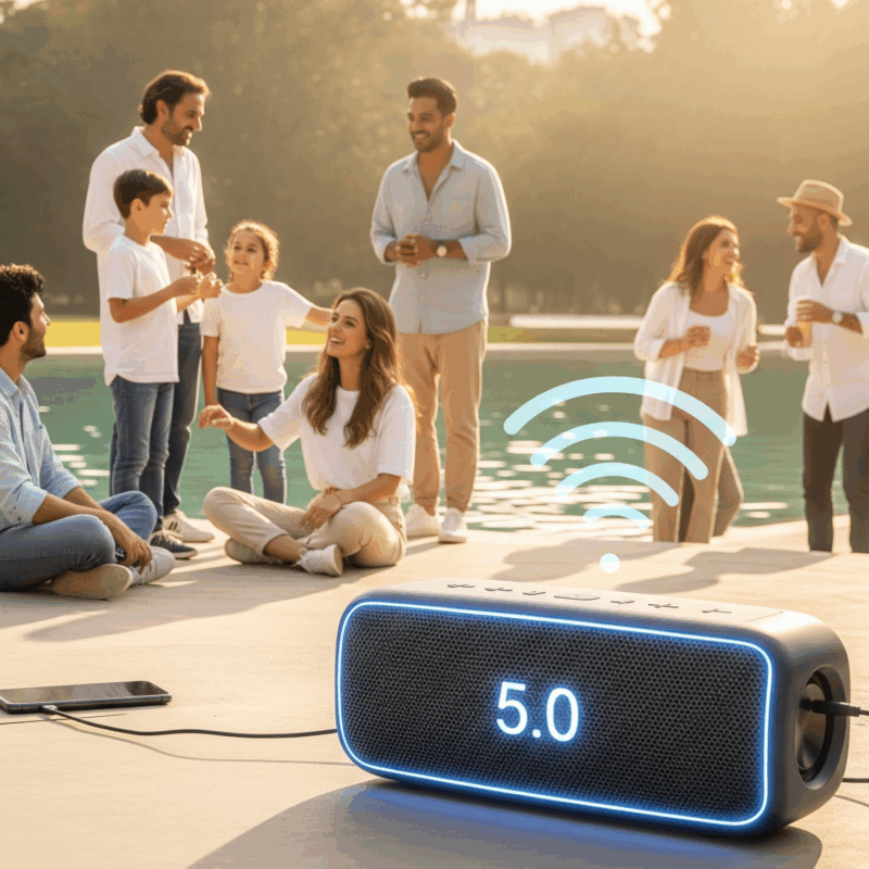 Speaker Bluetooth 5.0 portabel modern berwarna hitam dengan aksen biru menyala yang menampilkan angka "5.0" di bagian depannya, sedang memutar musik di tepi kolam renang. Beberapa orang terlihat menikmati musik di latar belakang, menunjukkan jangkauan luas dan daya tahan baterai yang lama.