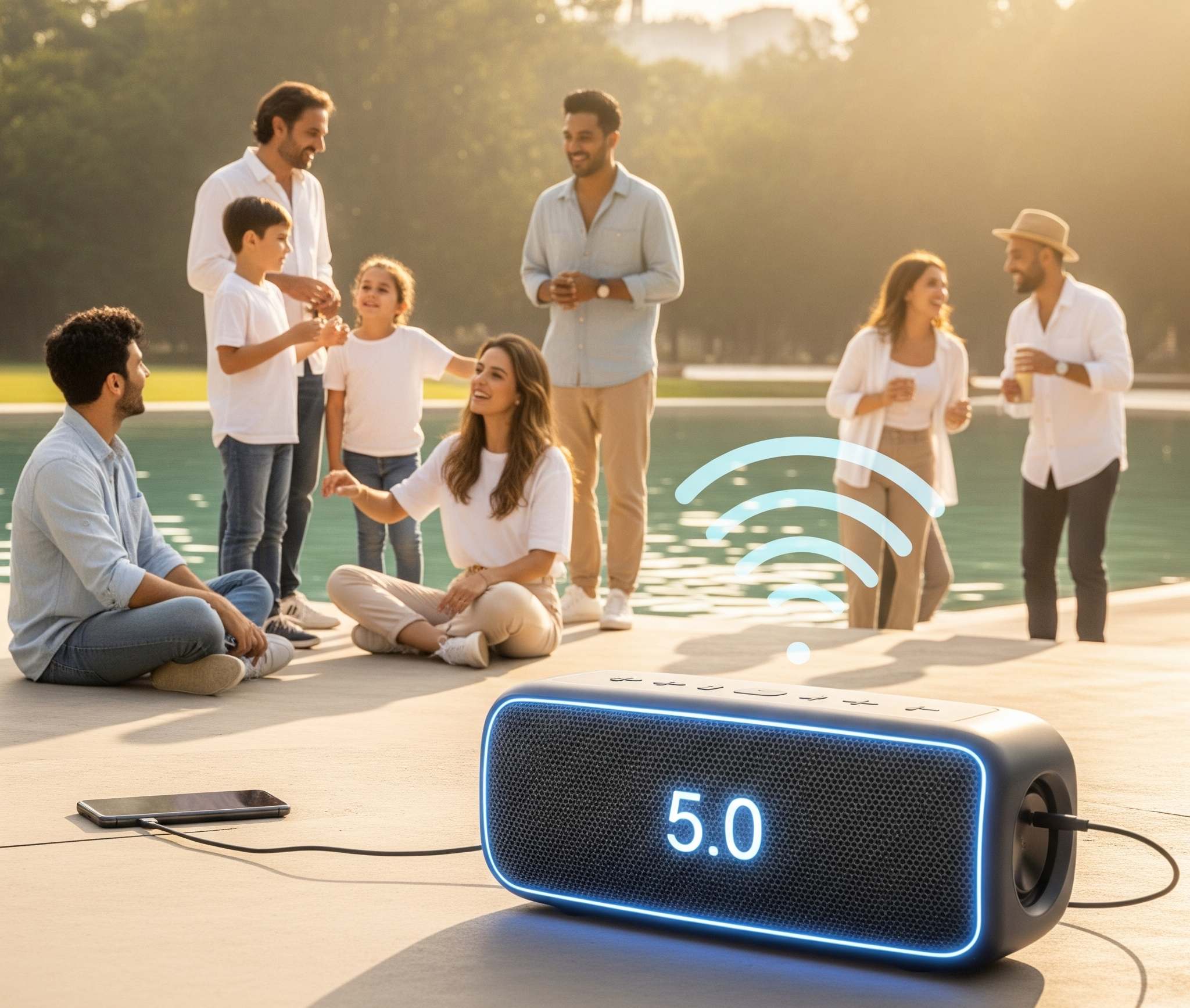 Speaker Bluetooth 5.0 portabel modern berwarna hitam dengan aksen biru menyala yang menampilkan angka "5.0" di bagian depannya, sedang memutar musik di tepi kolam renang. Beberapa orang terlihat menikmati musik di latar belakang, menunjukkan jangkauan luas dan daya tahan baterai yang lama.