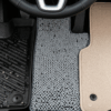 Tampilan close-up interior mobil dari sudut tinggi yang menampilkan tiga jenis bahan karpet mobil: matras karet hitam basah, matras 'noodle' PVC abu-abu, dan matras karpet krem mewah.
