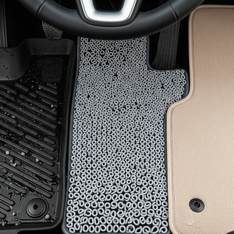 Tampilan close-up interior mobil dari sudut tinggi yang menampilkan tiga jenis bahan karpet mobil: matras karet hitam basah, matras 'noodle' PVC abu-abu, dan matras karpet krem mewah.