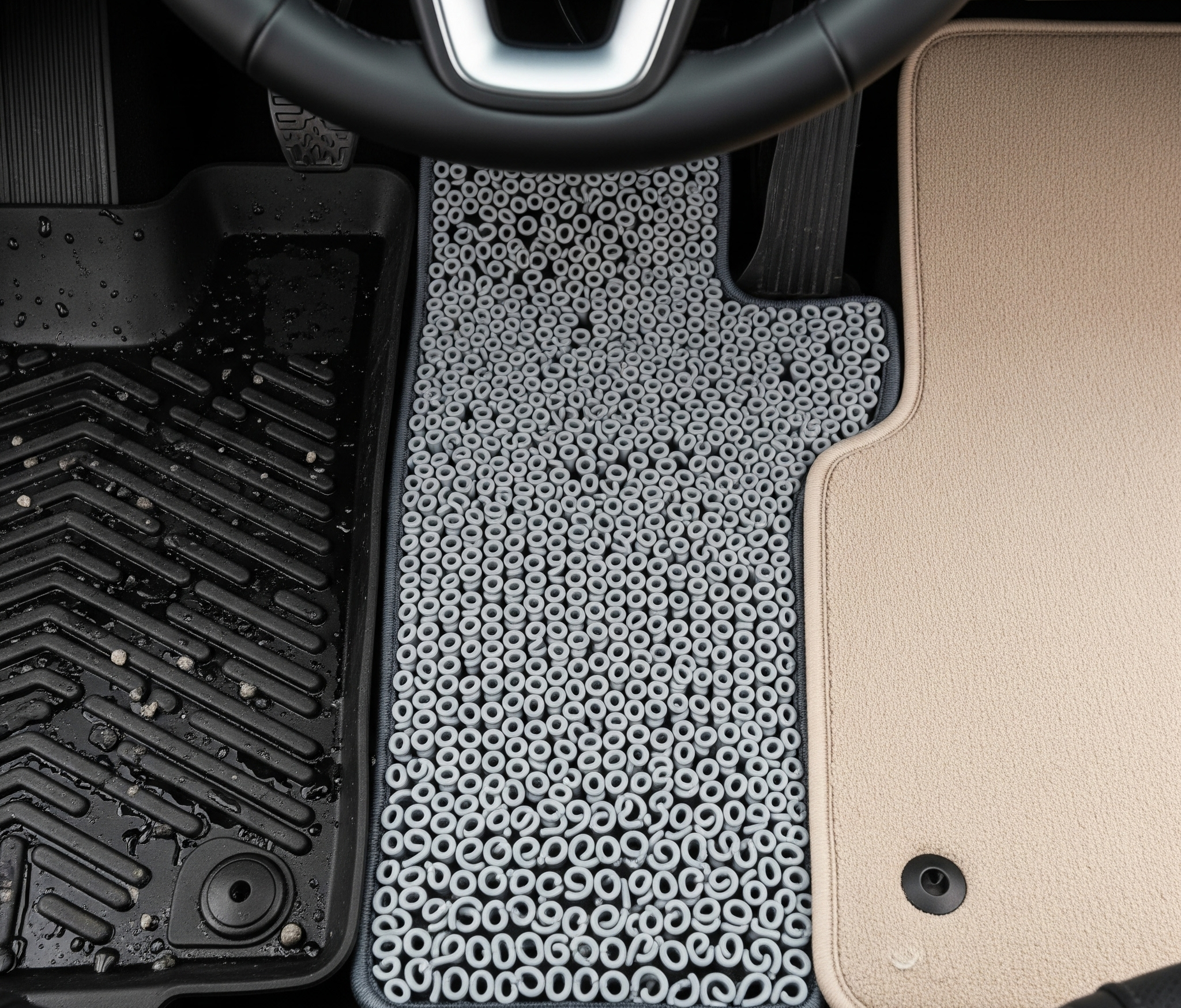 Tampilan close-up interior mobil dari sudut tinggi yang menampilkan tiga jenis bahan karpet mobil: matras karet hitam basah, matras 'noodle' PVC abu-abu, dan matras karpet krem mewah.