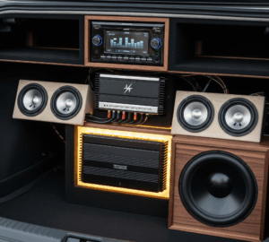 Komponen audio mobil yang terintegrasi harmonis dalam tata letak kustom, sebagai contoh hasil yang baik setelah menghindari kesalahan saat memilih audio mobil.