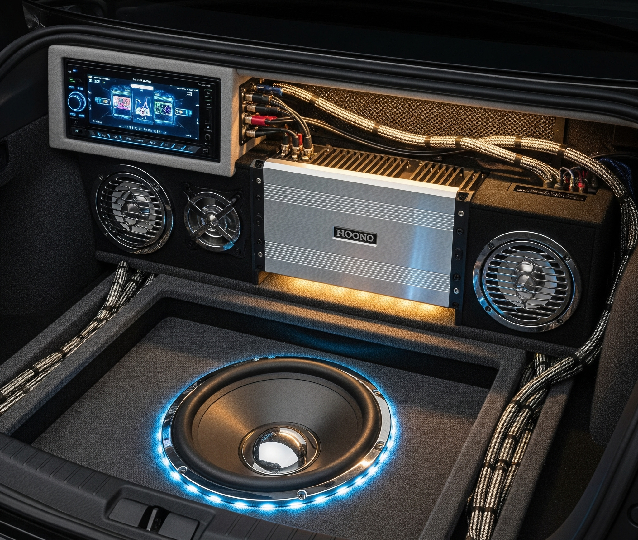 Sistem audio mobil yang terpasang rapi di bagasi, menunjukkan instalasi yang benar untuk menghindari kesalahan saat memilih audio mobil.