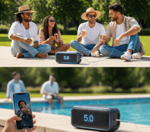 Dua gambar terpisah yang menampilkan speaker Bluetooth 5.0 portabel modern. Gambar atas menunjukkan empat orang dewasa duduk di rumput dekat kolam renang, menikmati musik dari speaker. Gambar bawah menunjukkan tangan memegang smartphone yang terhubung secara nirkabel ke speaker yang berada di tepi kolam renang, dengan orang-orang di latar belakang, menekankan konektivitas nirkabel dan jangkauan luas dari speaker Bluetooth 5.0.