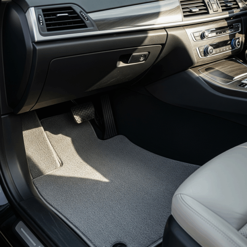 Interior mobil bersih dengan karpet mobil abu-abu yang terawat baik, menunjukkan manfaat karpet mobil dalam menjaga kebersihan dan estetika kabin.