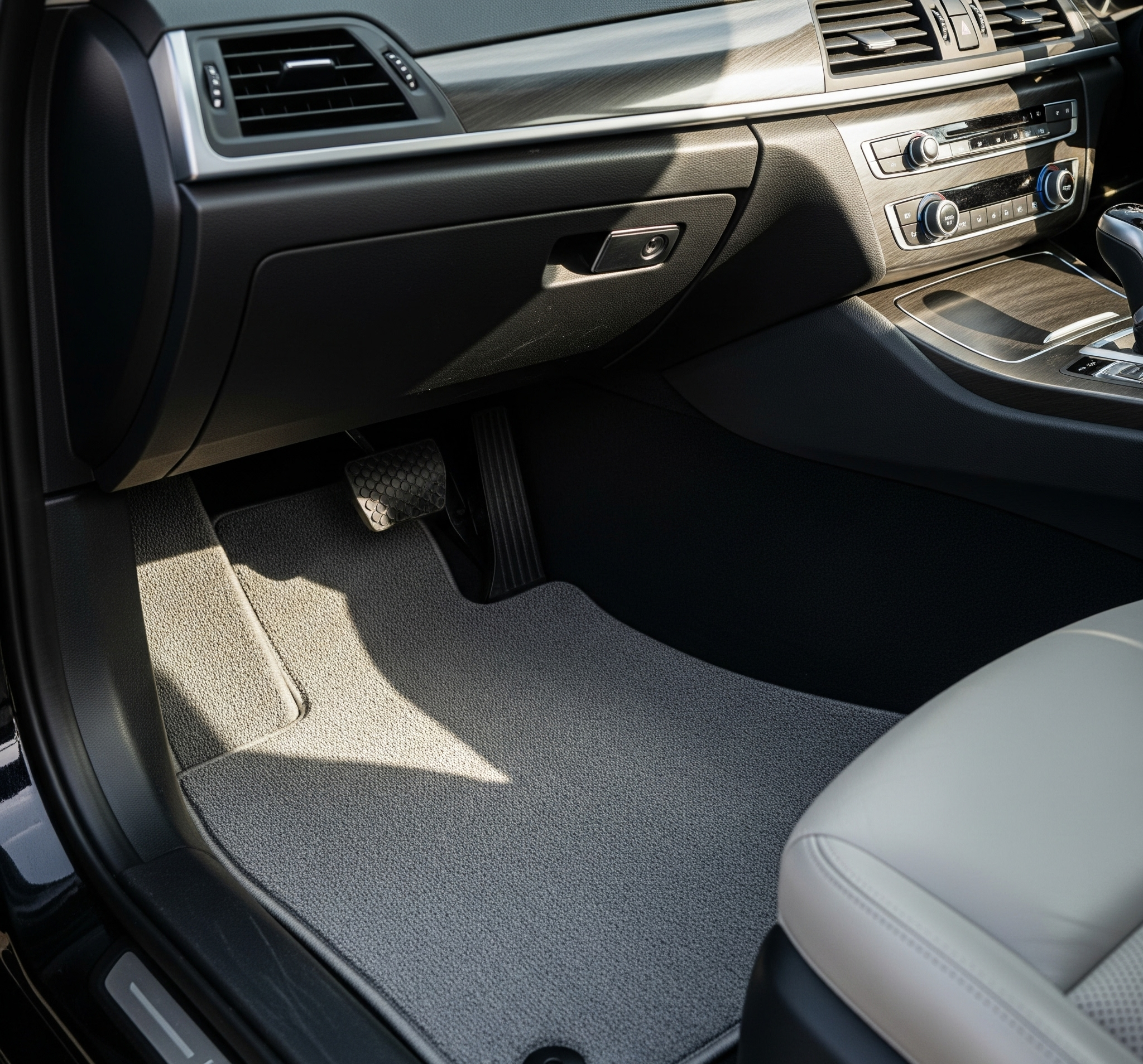 Interior mobil bersih dengan karpet mobil abu-abu yang terawat baik, menunjukkan manfaat karpet mobil dalam menjaga kebersihan dan estetika kabin.