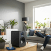 Seorang pria menikmati musik berkualitas tinggi dari speaker Bluetooth yang ditempatkan dengan baik di ruang tamu modern, mengoptimalkan speaker bluetooth untuk pengalaman audio terbaik.