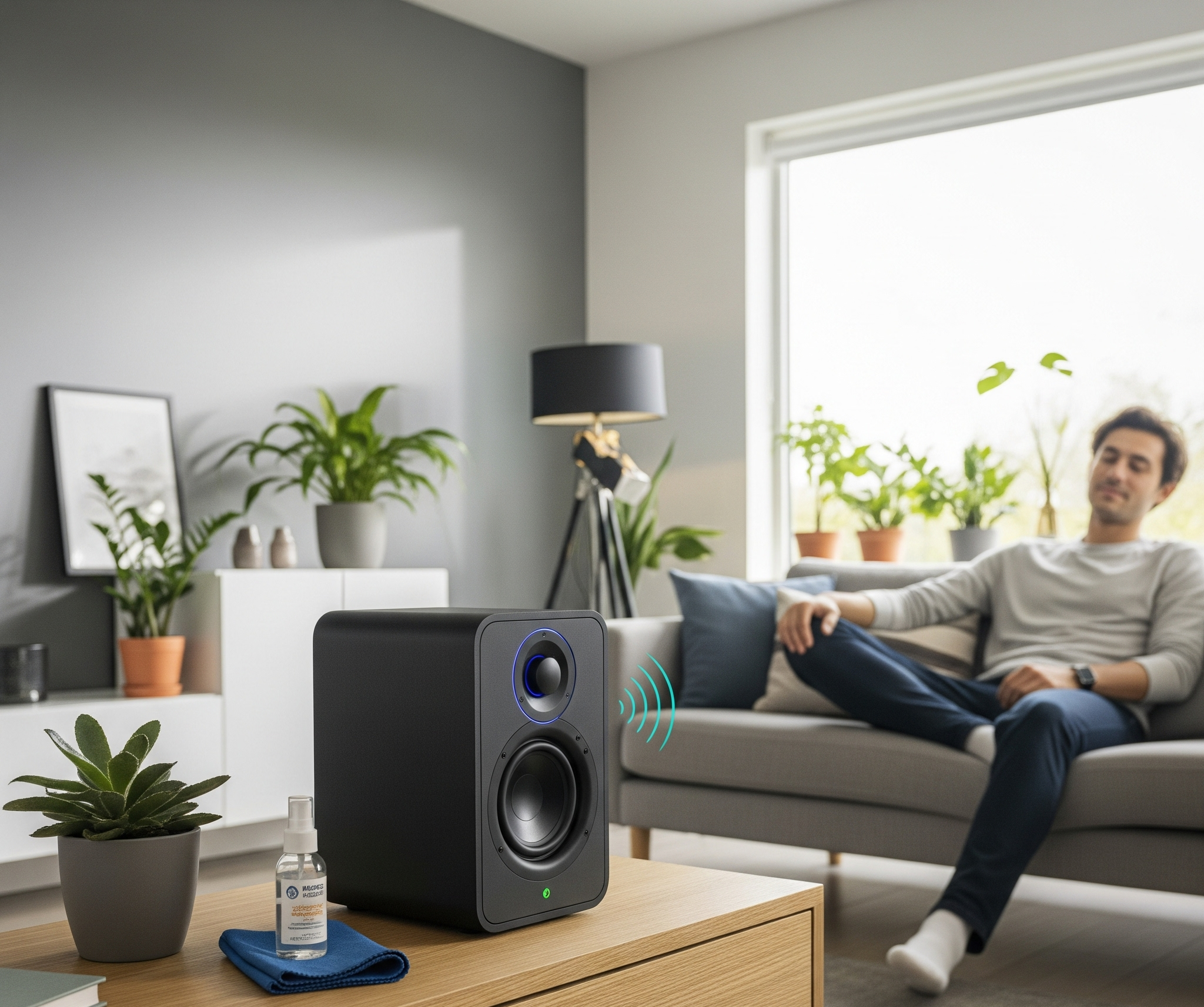 Seorang pria menikmati musik berkualitas tinggi dari speaker Bluetooth yang ditempatkan dengan baik di ruang tamu modern, mengoptimalkan speaker bluetooth untuk pengalaman audio terbaik.