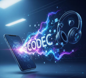 Ponsel cerdas yang memancarkan sinyal Bluetooth codec yang dinamis menuju headphone nirkabel, menampilkan efek gelombang energi dan tulisan 'CODEC'