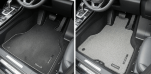 Karpet mobil custom vs universal: Perbandingan visual antara karpet custom yang terpasang rapi dengan label "Custom Fit" dan karpet universal dengan celah yang terlihat jelas dan label "Universal".
