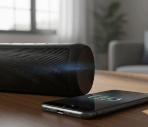 Tampilan sinematik speaker Bluetooth di atas meja kayu, di sebelah ponsel yang baterainya menipis, menyoroti pertanyaan kenapa baterai speaker bluetooth cepat habis.