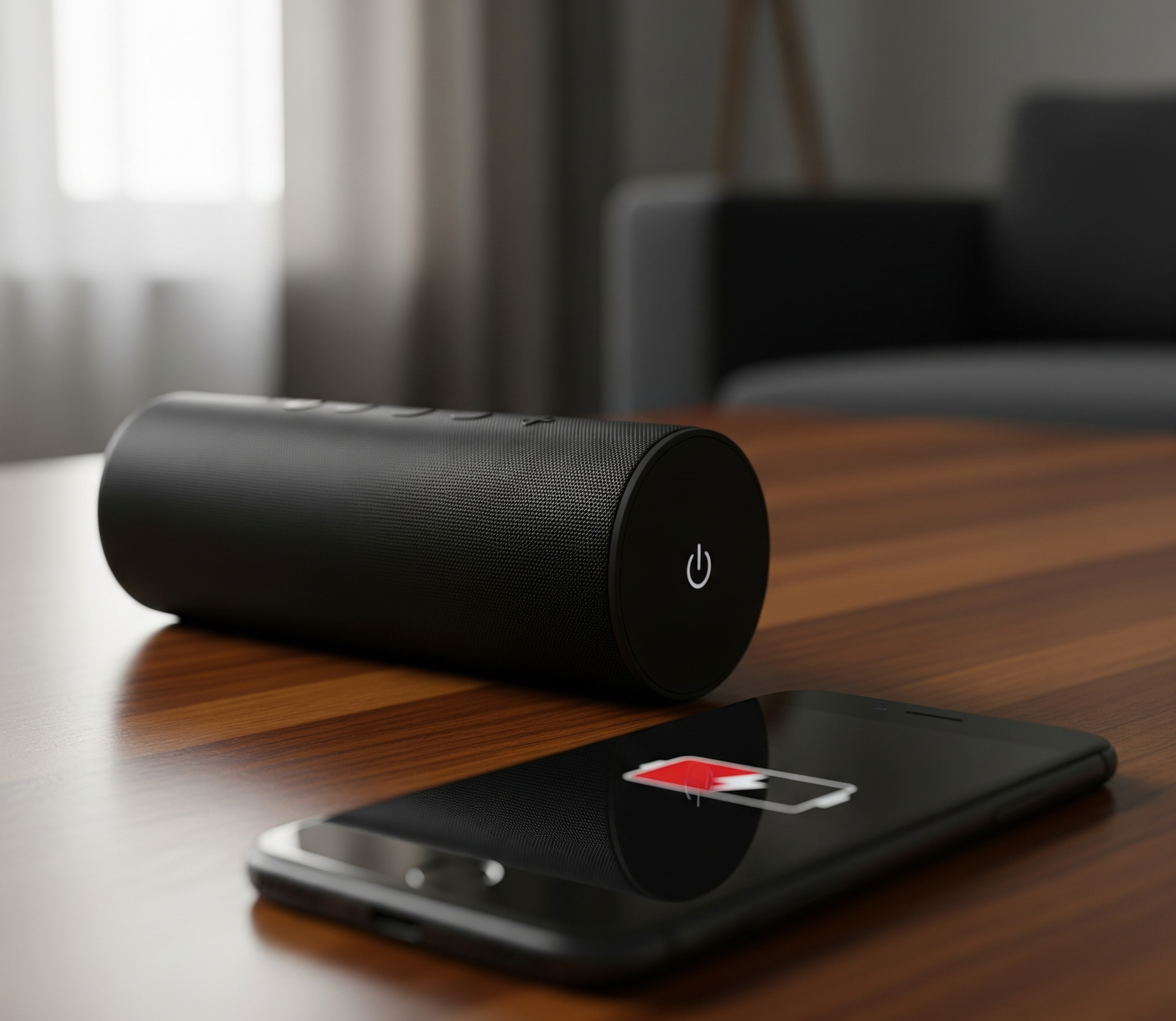 Speaker Bluetooth hitam modern di samping ponsel dengan baterai lemah, menggambarkan frustrasi akan kenapa baterai speaker bluetooth cepat habis.