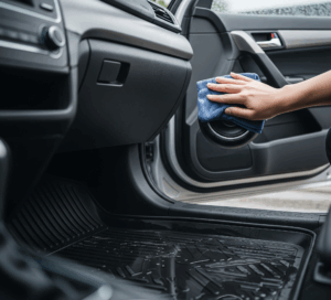 Tangan mengeringkan speaker mobil kena air dengan kain mikrofiber, genangan air di lantai mobil, pintu mobil sedikit terbuka.