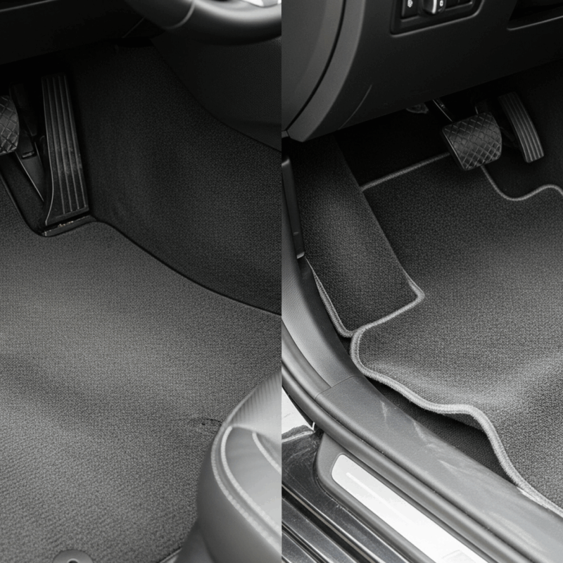 Karpet mobil custom vs universal: Perbandingan visual antara karpet custom yang pas sempurna di interior mobil modern dan karpet universal yang tidak pas dan memiliki celah.