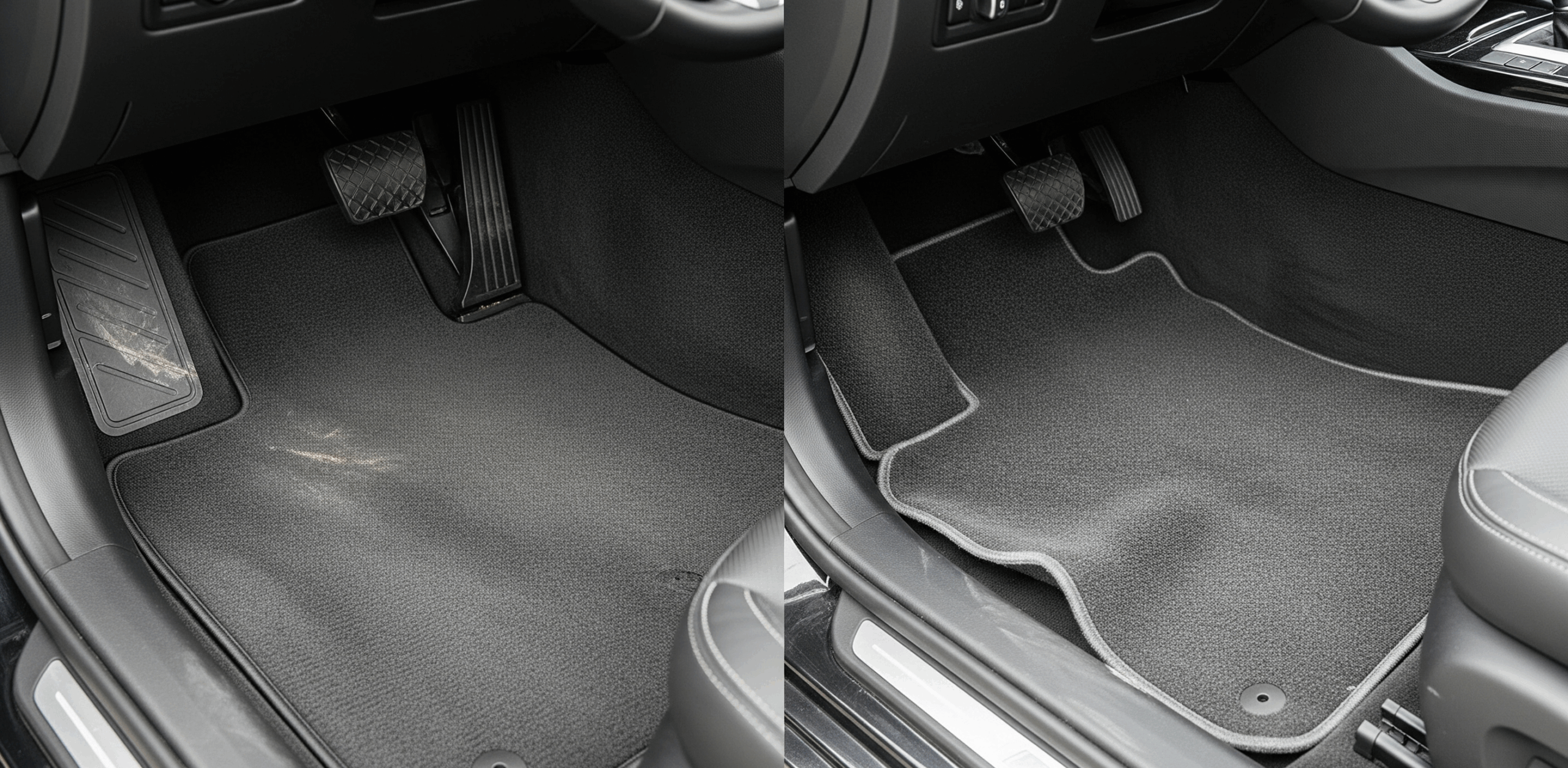 Karpet mobil custom vs universal: Perbandingan visual antara karpet custom yang pas sempurna di interior mobil modern dan karpet universal yang tidak pas dan memiliki celah.