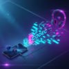 Ponsel cerdas yang terhubung ke headphone nirkabel melalui sinyal Bluetooth codec yang bercahaya, dengan data paket dan tulisan 'CODEC' yang terintegrasi.