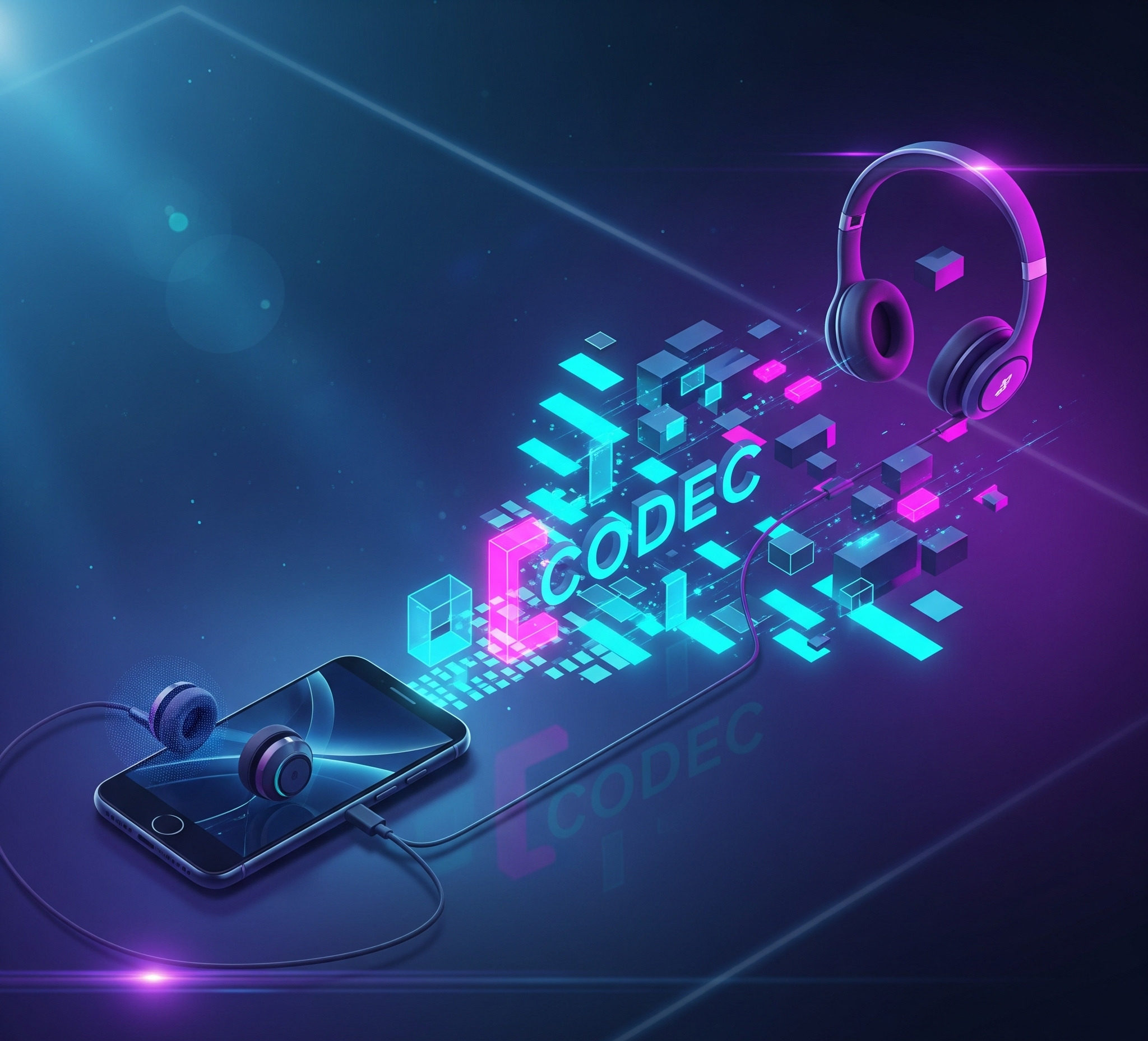 Ponsel cerdas yang terhubung ke headphone nirkabel melalui sinyal Bluetooth codec yang bercahaya, dengan data paket dan tulisan 'CODEC' yang terintegrasi.