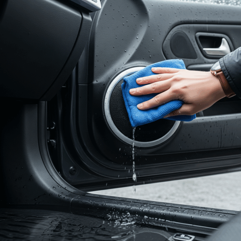 Tangan dengan jam tangan mengeringkan speaker mobil kena air, tetesan air terlihat jelas, pintu mobil terbuka.