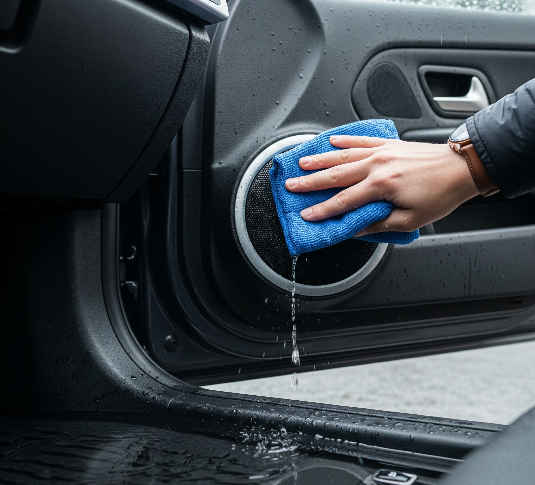 Tangan dengan jam tangan mengeringkan speaker mobil kena air, tetesan air terlihat jelas, pintu mobil terbuka.