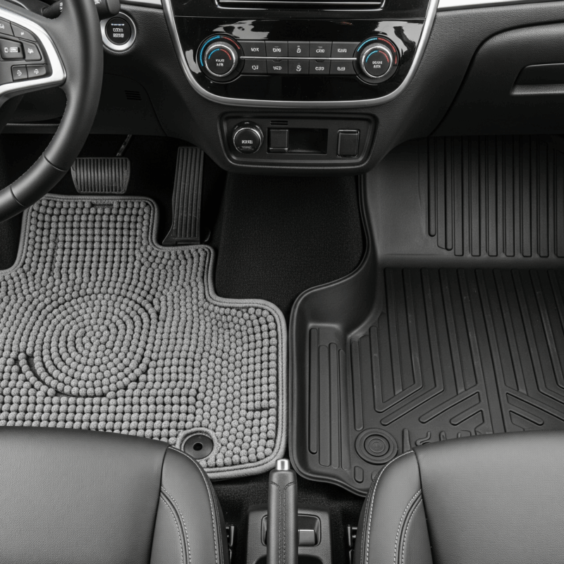 Karpet mobil PVC abu-abu di sisi pengemudi dan karpet karet hitam di sisi penumpang, menampilkan perbandingan visual antara karpet pvc vs karet.