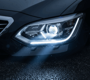 Close-up profesional lampu BiLED mobil modern menyala, menyorot proyektor terang pada aspal basah gelap dengan warna biru-putih.