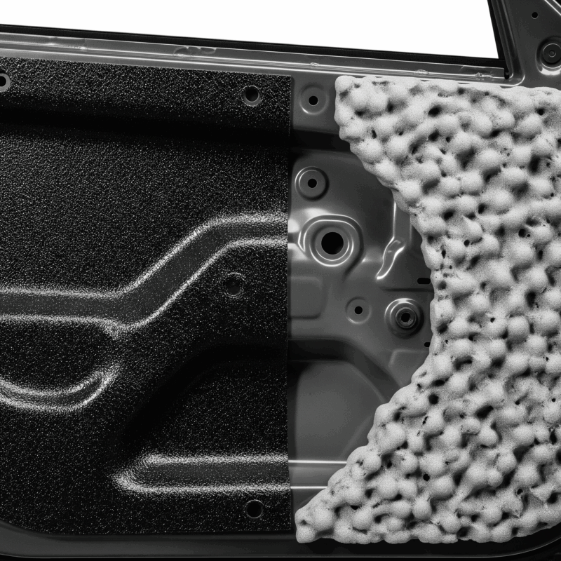 Close-up perbandingan Soundproofing vs Sound Damping pada panel pintu mobil yang dibuka, menunjukkan mat peredam suara hitam dan busa peredam suara tebal.