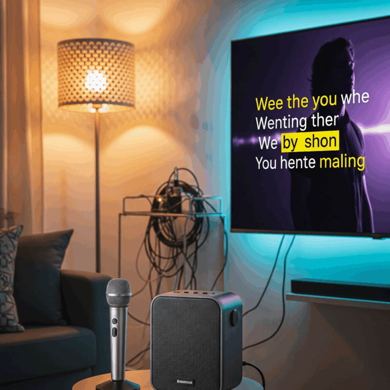 Mikrofon dan speaker karaoke di rumah di ruang tamu yang nyaman dengan TV menampilkan lirik.