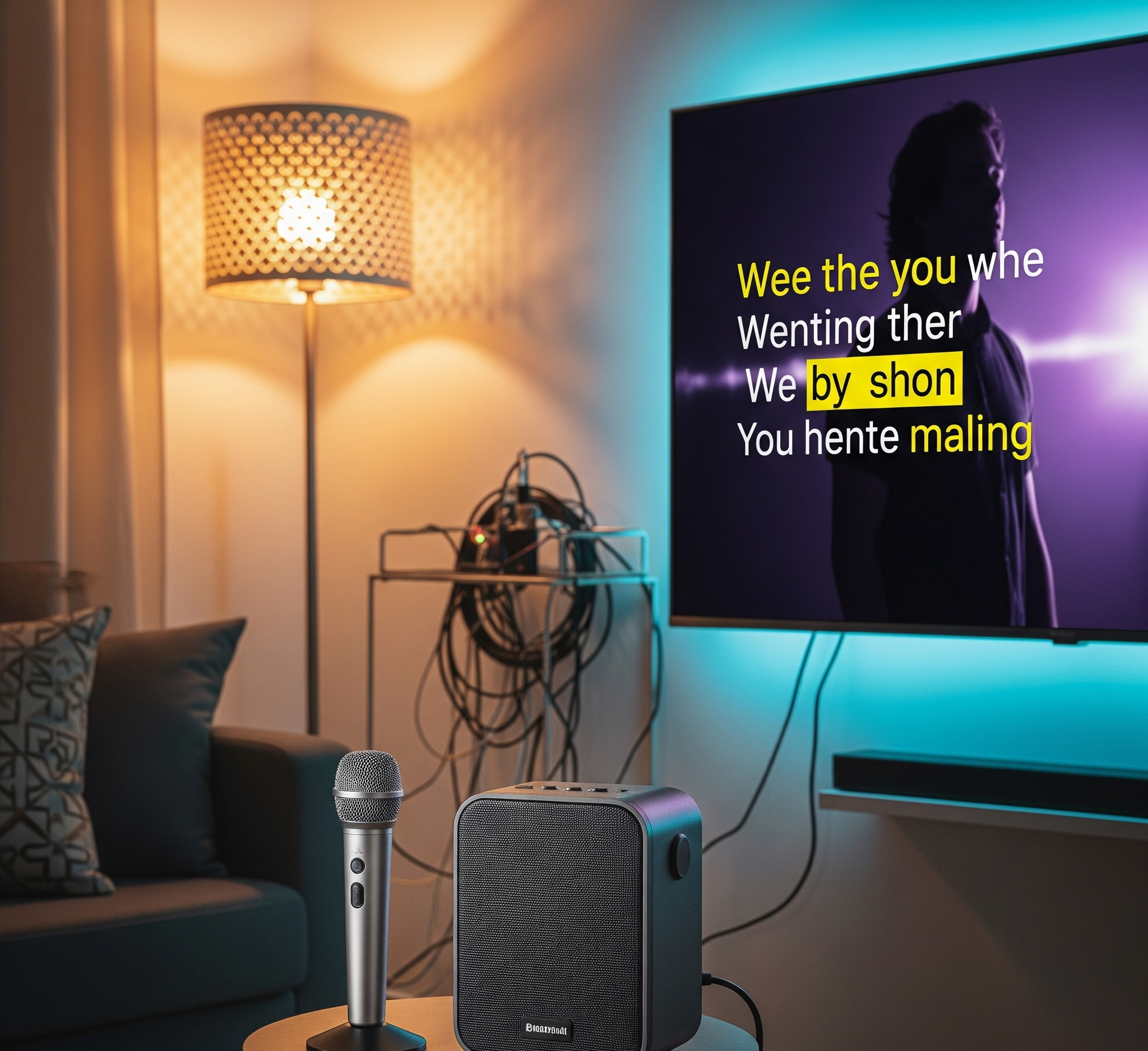 Mikrofon dan speaker karaoke di rumah di ruang tamu yang nyaman dengan TV menampilkan lirik.
