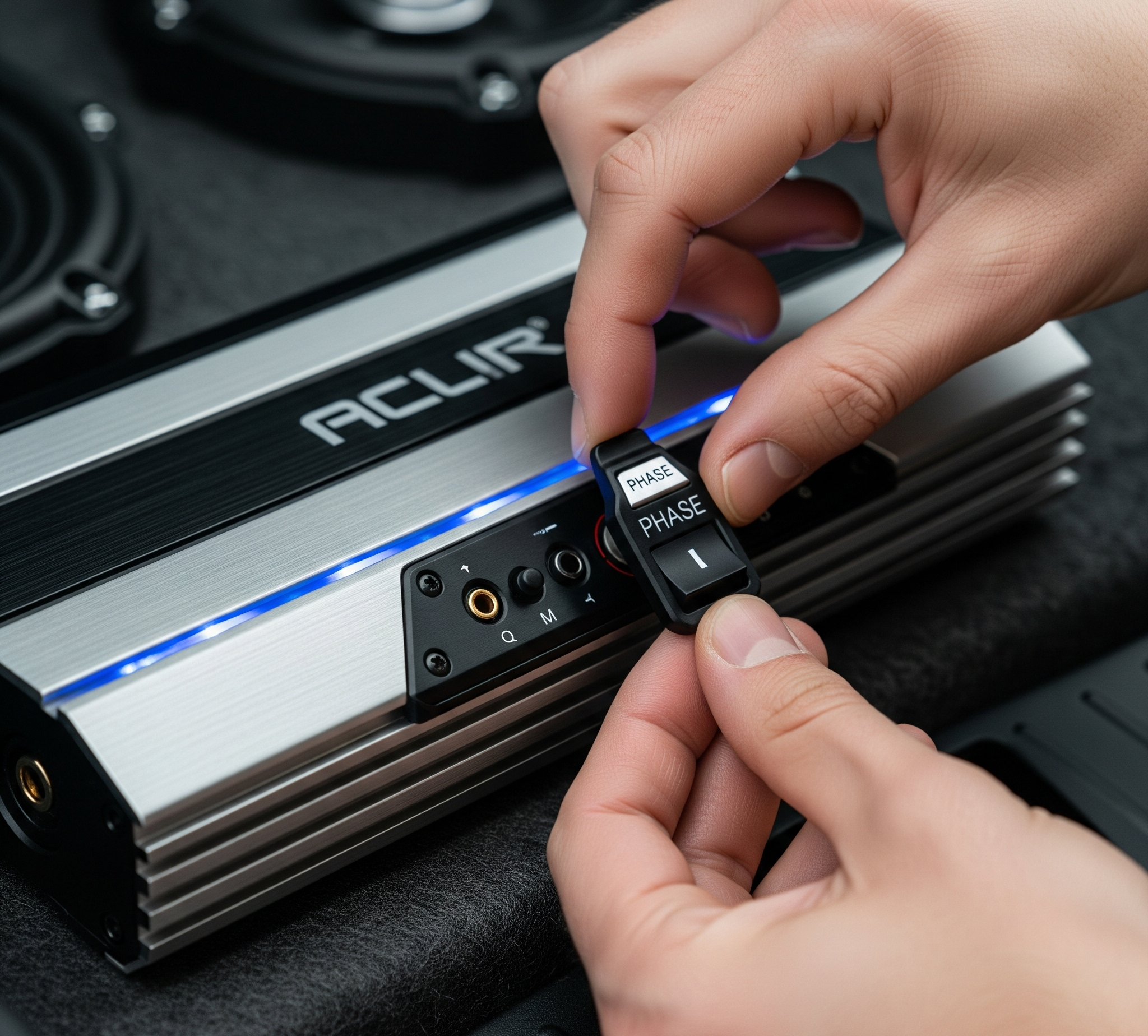 Tangan sedang menyesuaikan sakelar fase pada amplifier audio mobil yang ramping dan modern.