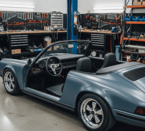 Modifikasi mobil minimalis biru convertible di bengkel, menampilkan desain interior hitam yang bersih.