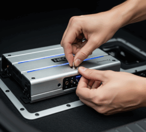 Tangan memegang sakelar berlabel "PHASE" pada amplifier audio mobil yang terpasang di bagasi.
