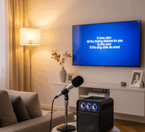 Peralatan karaoke di rumah, termasuk mikrofon dan speaker, di meja kopi di depan TV.